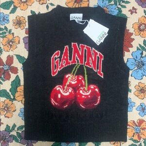Ganni Black Sleeveless Sweater with Red Cherry Motif